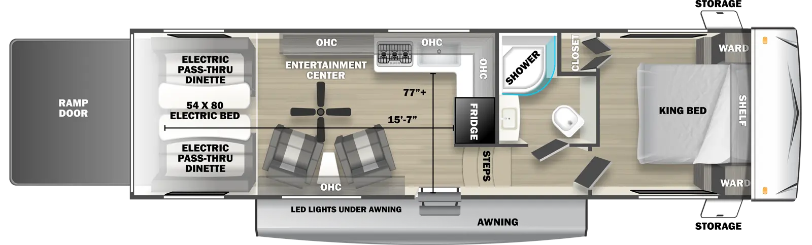 The 2710SRX fifth wheel has no slide outs, 1 entry door and 1 rear ramp door. Exterior features include an awning with LED lights and front opposing side storage access. Interior layout from front to back includes front bedroom with foot-facing King bed, shelf over the bed, front corner wardrobes and front facing closet; off-door side bathroom with radius shower, toilet and single sink vanity; 3 steps down into the kitchen area with off-door side L-shaped countertop, stovetop, L-Shaped overhead cabinets, sink and rear facing refrigerator; 2 door side recliners with end table; ceiling fan; off-door side entertainment center with overhead cabinet; and rear 54 x 80 electric bed over electric pass-through dinette. Cargo length from rear of unit to refrigerator is 15 ft. 7 in. Cargo width from countertop to door side wall is 77 inches.